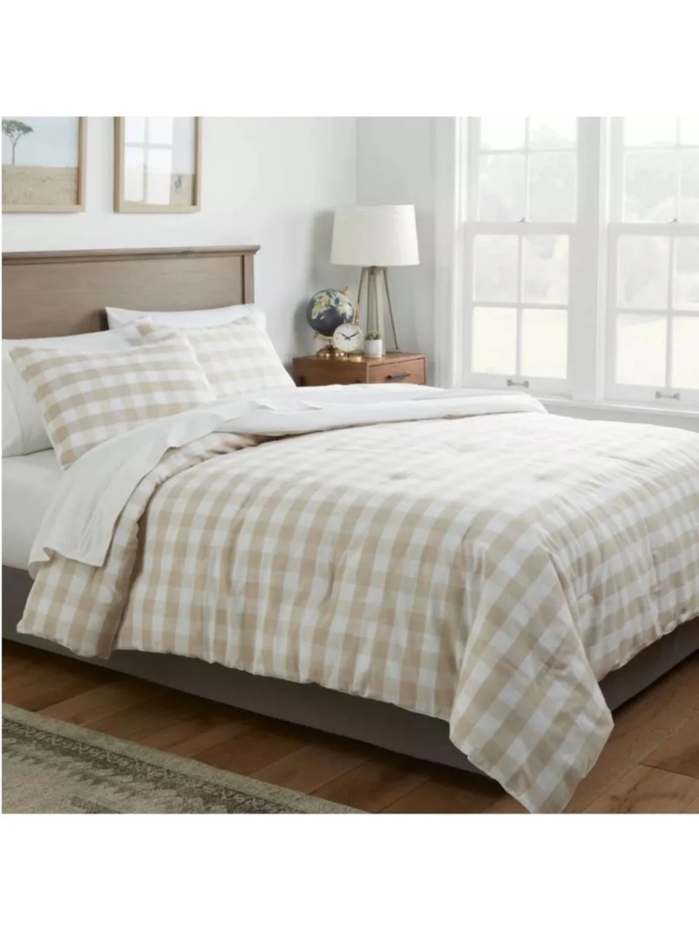 Threshold King Beige and White Gingham Comforter Set - All Season, Breathable